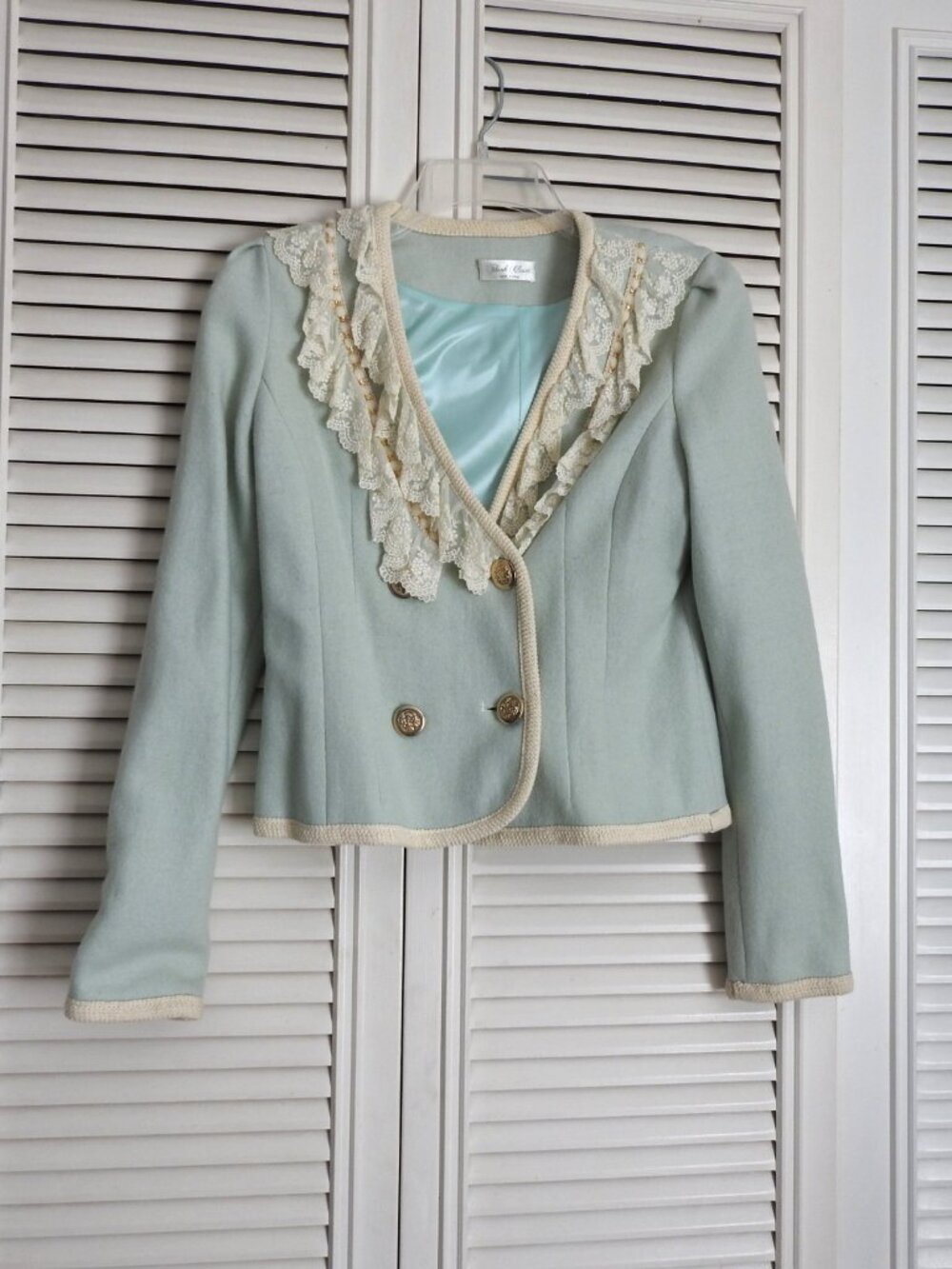 Think Closet Light Blue Lace Ruffle Double Breasted Cropped Blazer Jacket S - Picture 2 of 8